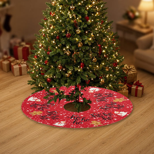 Ho Ho Ho snowman Christmas tree skirt under a decorated Christmas tree with wrapped gifts