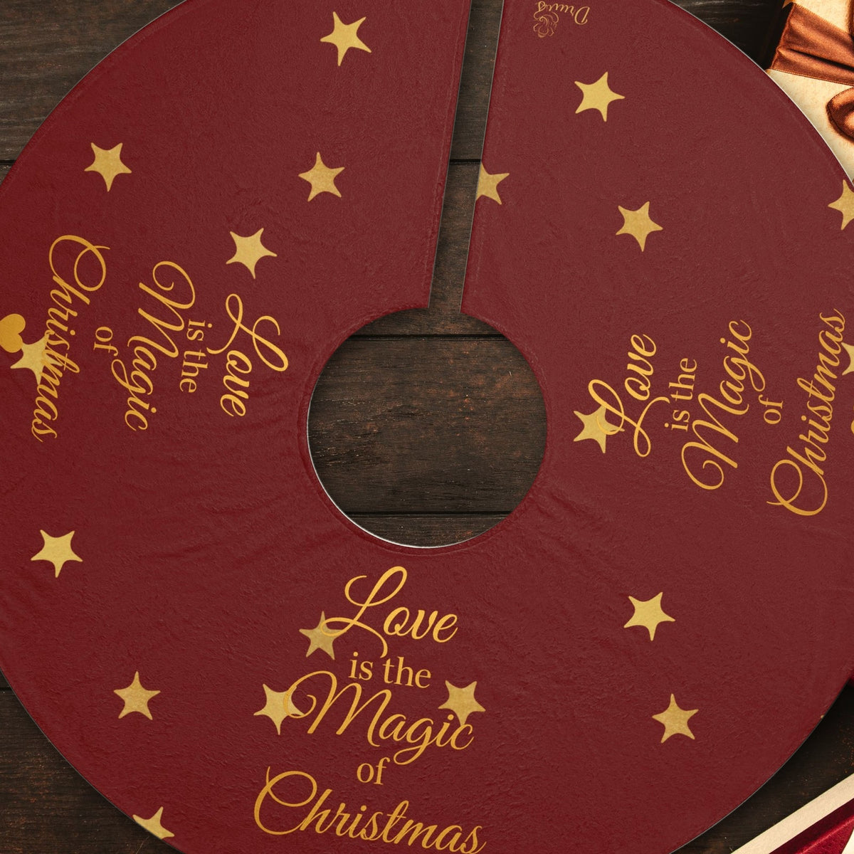 Close-up of the Love Is the Magic of Christmas red and gold Christmas tree skirt design