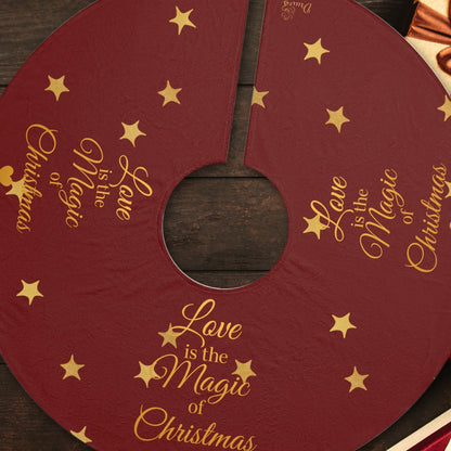Close-up of the Love Is the Magic of Christmas red and gold Christmas tree skirt design