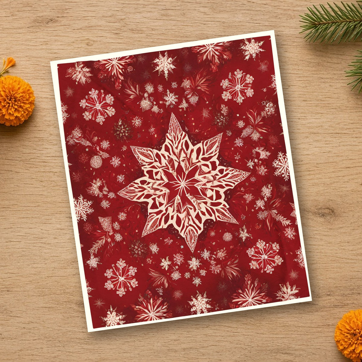 Red Star & Snowflake velveteen blanket laid flat in a styled lifestyle setting