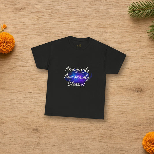 Amazingly Awesomely Blessed t-shirt laid flat in a styled lifestyle setting