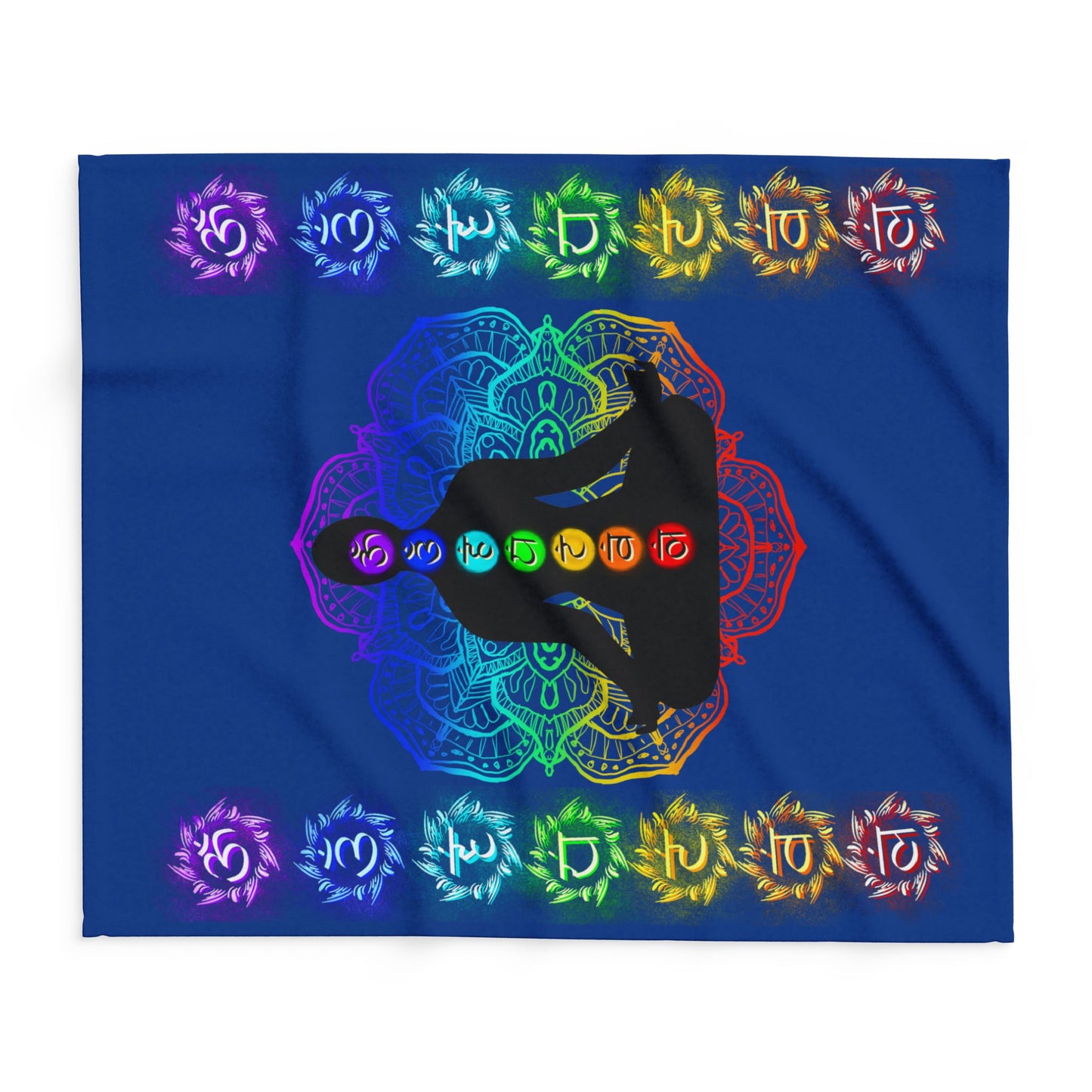 Chakra Meditation Fleece Blanket – Rainbow Energy Silhouette on Mandala | Druvs
