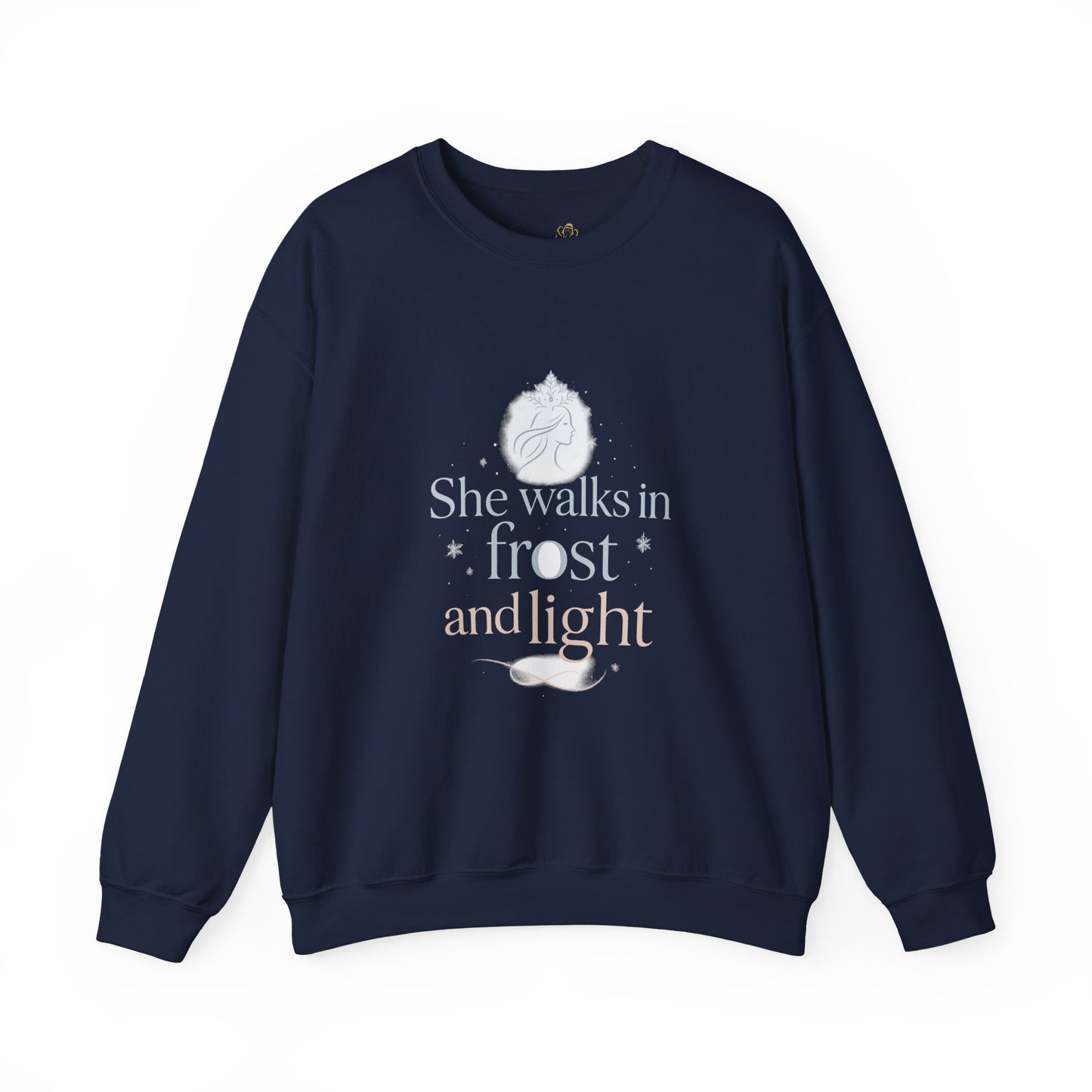 She Walks in Frost and Light – Elegant Winter Goddess Sweatshirt