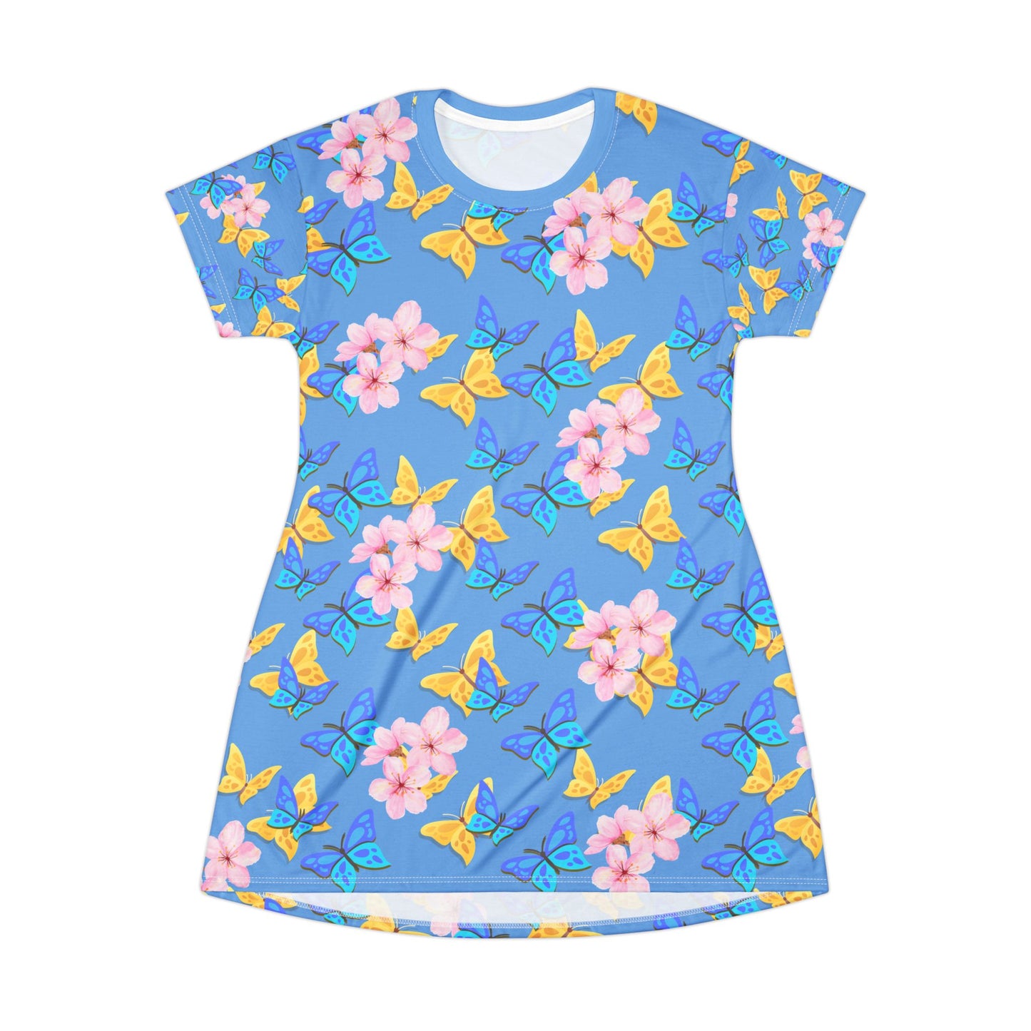 Butterfly Bloom Women's T-Shirt Dress – Vibrant Floral & Butterfly Print by Druvs