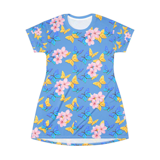 Butterfly Bloom Women's T-Shirt Dress – Vibrant Floral & Butterfly Print by Druvs