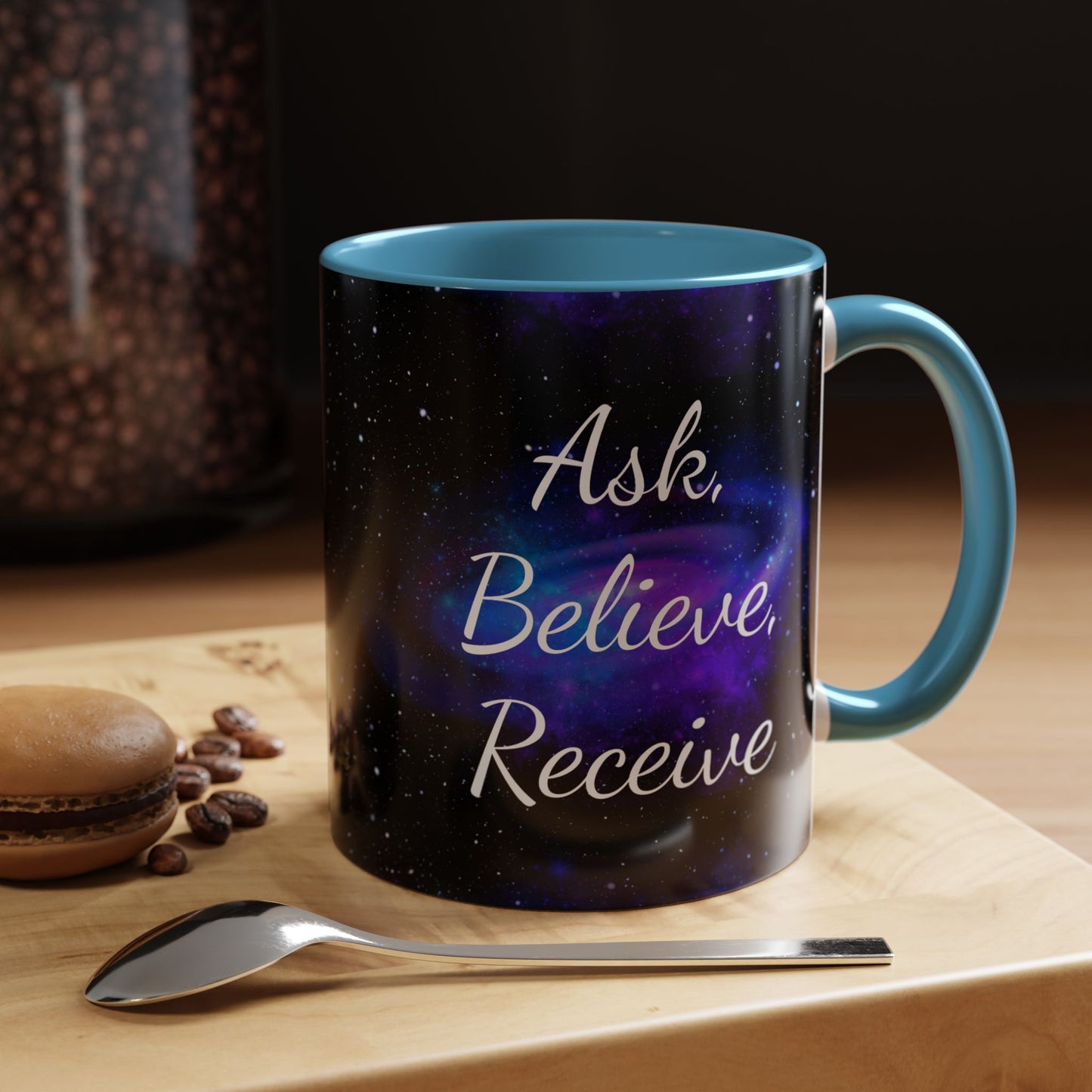 Ask. Believe. Receive. Two-Tone Mug – Cosmic Affirmation Coffee Cup