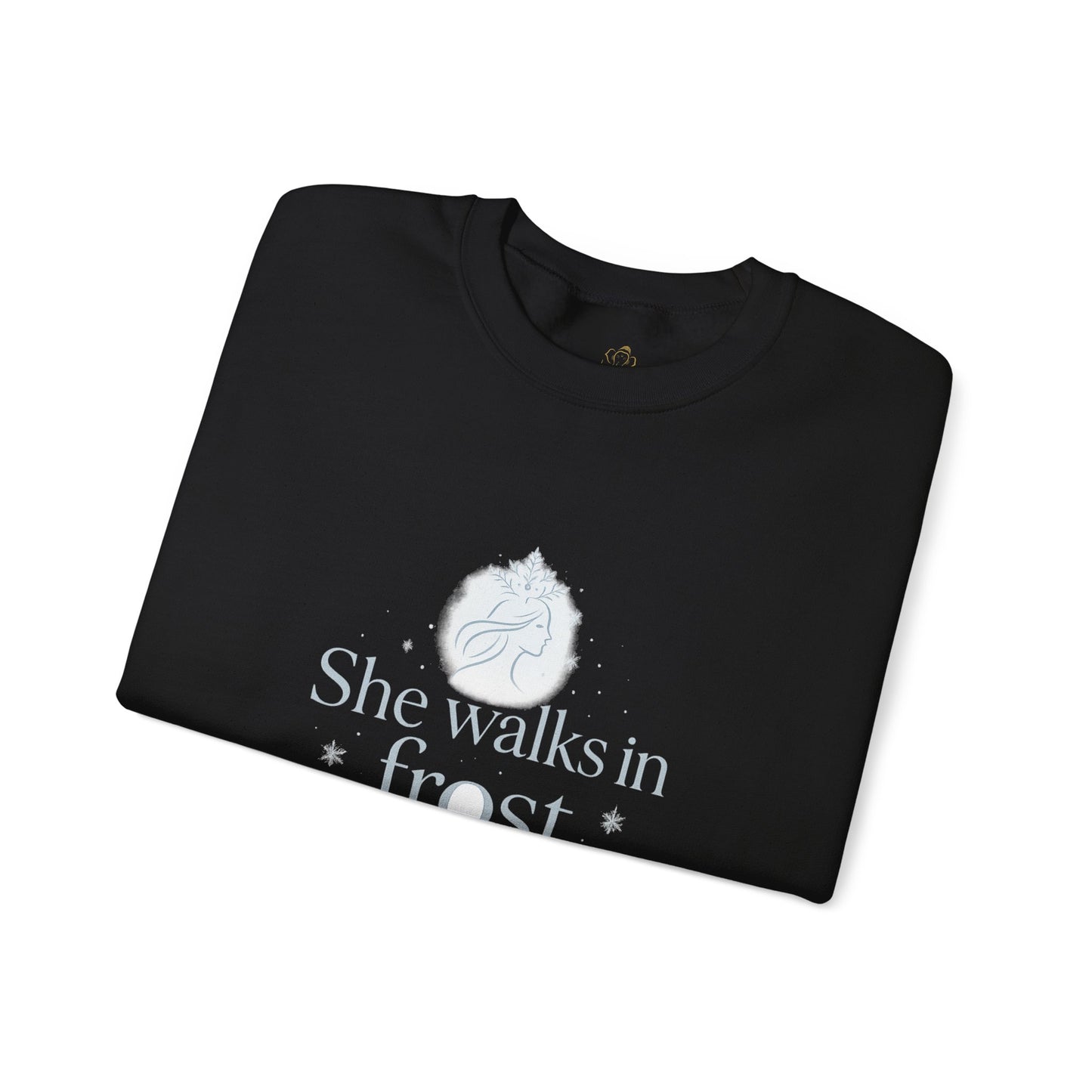 She Walks in Frost and Light – Elegant Winter Goddess Sweatshirt