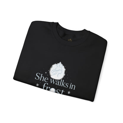 She Walks in Frost and Light – Elegant Winter Goddess Sweatshirt