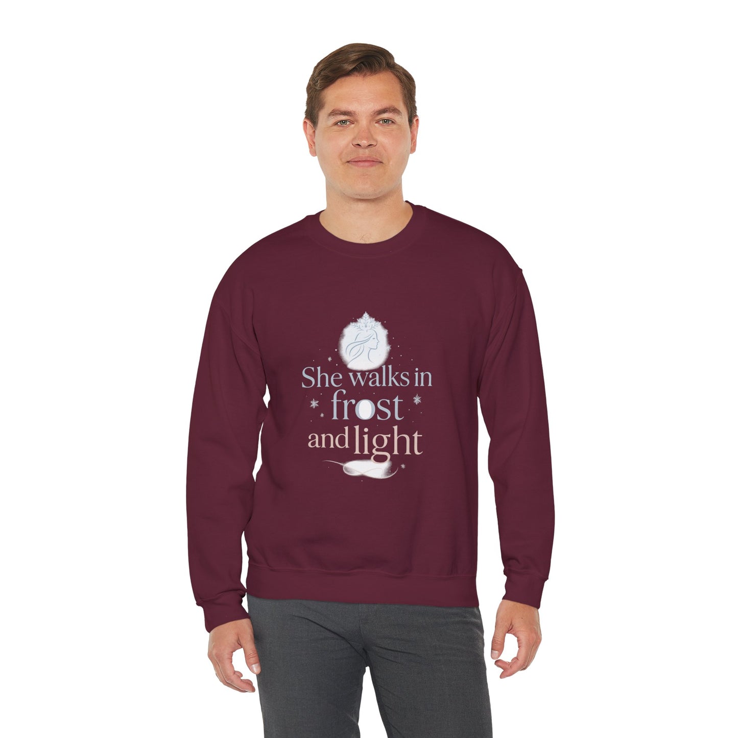 She Walks in Frost and Light – Elegant Winter Goddess Sweatshirt