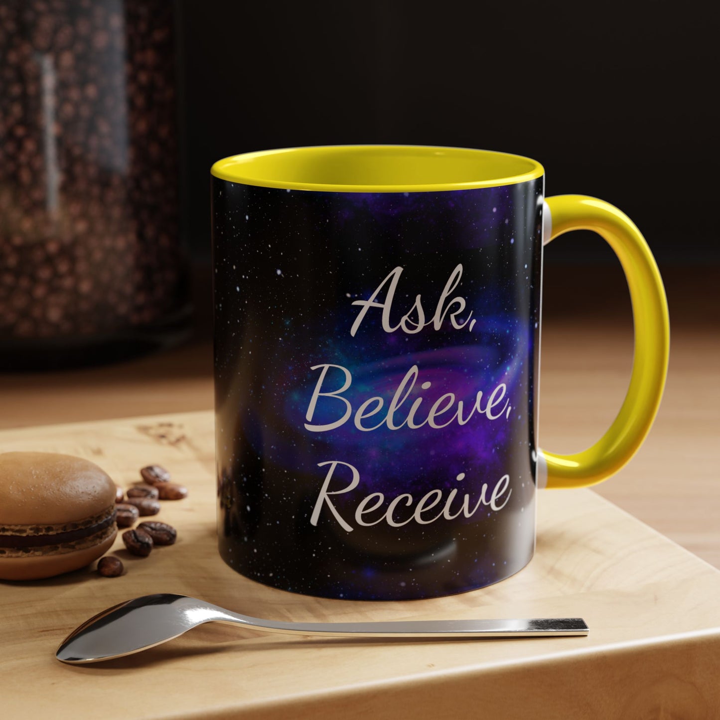 Ask. Believe. Receive. Two-Tone Mug – Cosmic Affirmation Coffee Cup