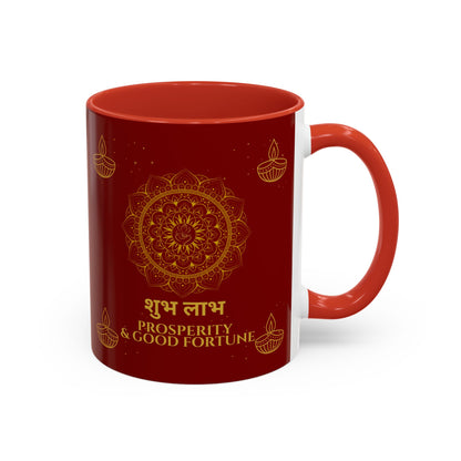 Shubh Labh Mug – Prosperity & Good Fortune Diwali Mug with Mandala & Diyas (Red & Gold)