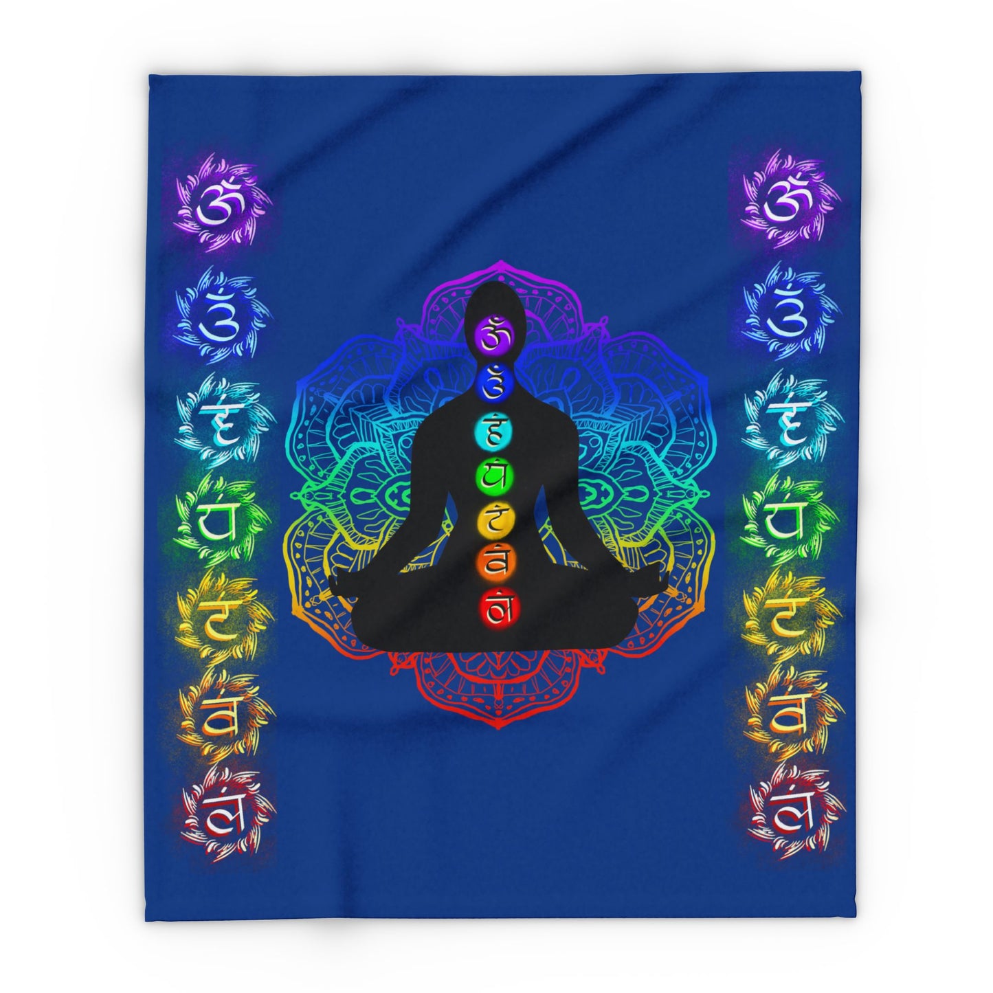 Chakra Meditation Fleece Blanket – Rainbow Energy Silhouette on Mandala | Druvs