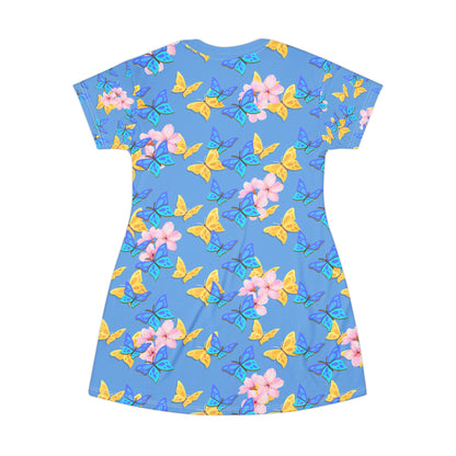 Butterfly Bloom Women's T-Shirt Dress – Vibrant Floral & Butterfly Print by Druvs