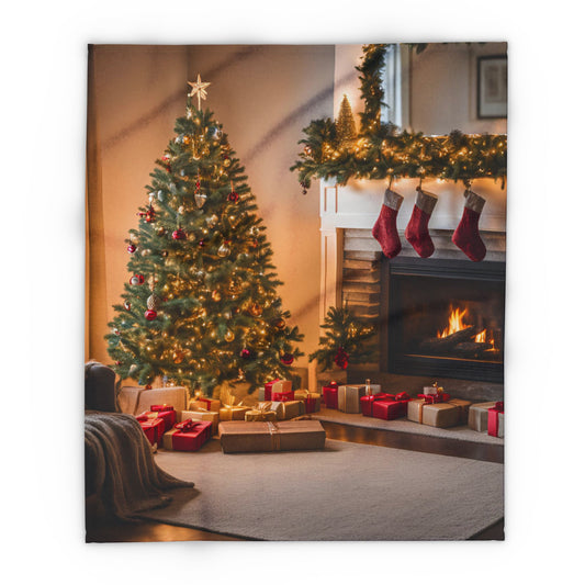 Fleece Blanket - Christmas Tree and Chimney Design, Holiday Decor