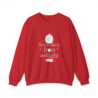 She Walks in Frost and Light – Elegant Winter Goddess Sweatshirt