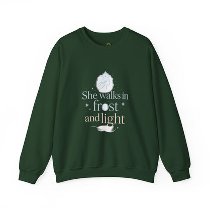 She Walks in Frost and Light – Elegant Winter Goddess Sweatshirt
