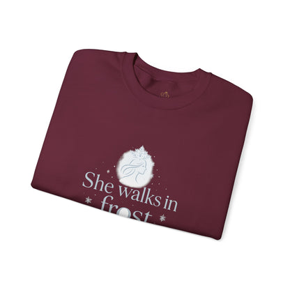 She Walks in Frost and Light – Elegant Winter Goddess Sweatshirt