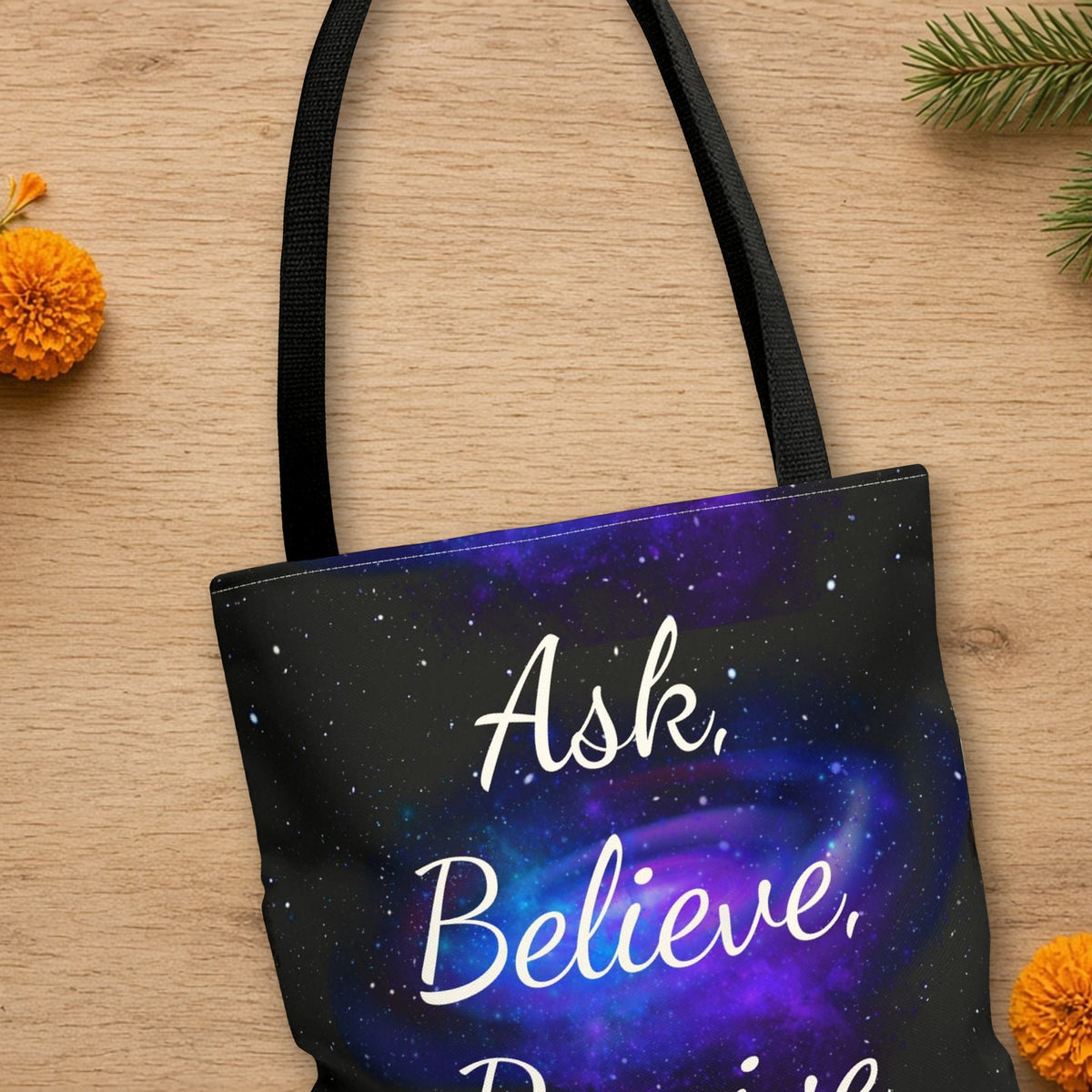 Ask Believe Receive manifestation tote close-up showing the design detail
