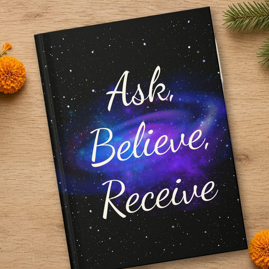 Ask Believe Receive manifestation journal close-up showing the design detail