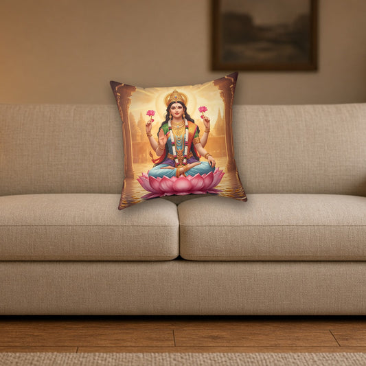 Goddess Lakshmi decorative pillow styled on a sofa in a cozy living room