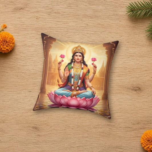 Goddess Lakshmi decorative pillow laid flat in a styled lifestyle setting