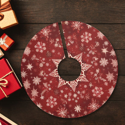 Red Snowflake Christmas tree skirt laid flat with wrapped presents