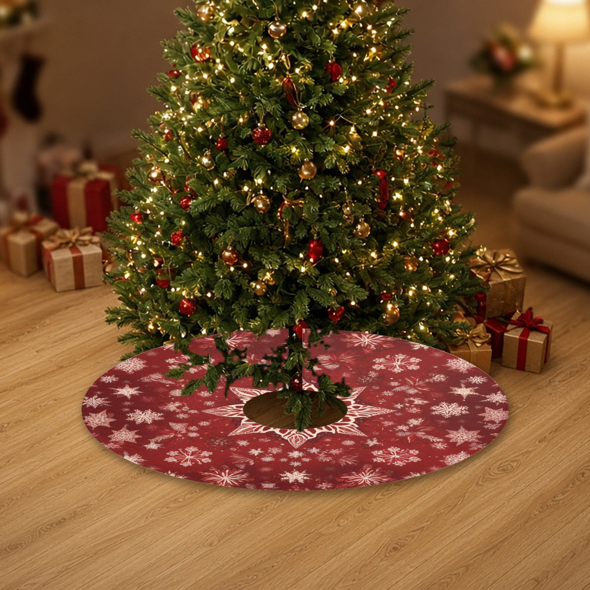 Red Snowflake Christmas tree skirt under a decorated Christmas tree with wrapped gifts