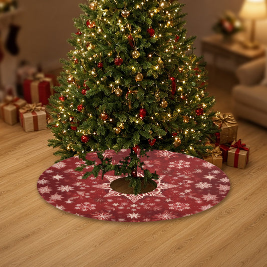 Red Snowflake Christmas tree skirt under a decorated Christmas tree with wrapped gifts