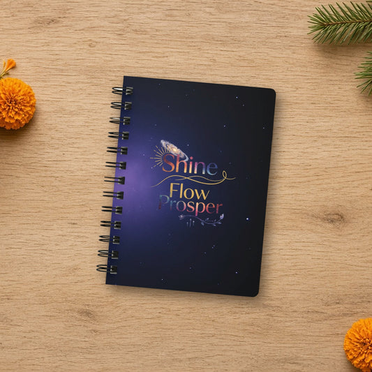 Shine Flow Prosper cosmic spiral journal laid flat in a styled lifestyle setting