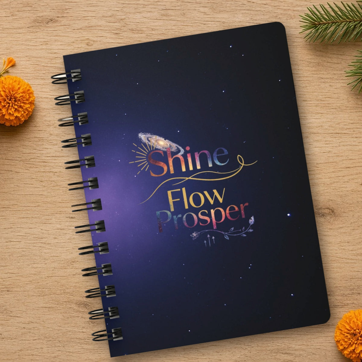 Shine Flow Prosper cosmic spiral journal close-up showing the design detail