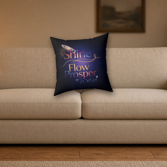 Shine Flow Prosper cosmic galaxy cushion styled on a sofa in a cozy living room