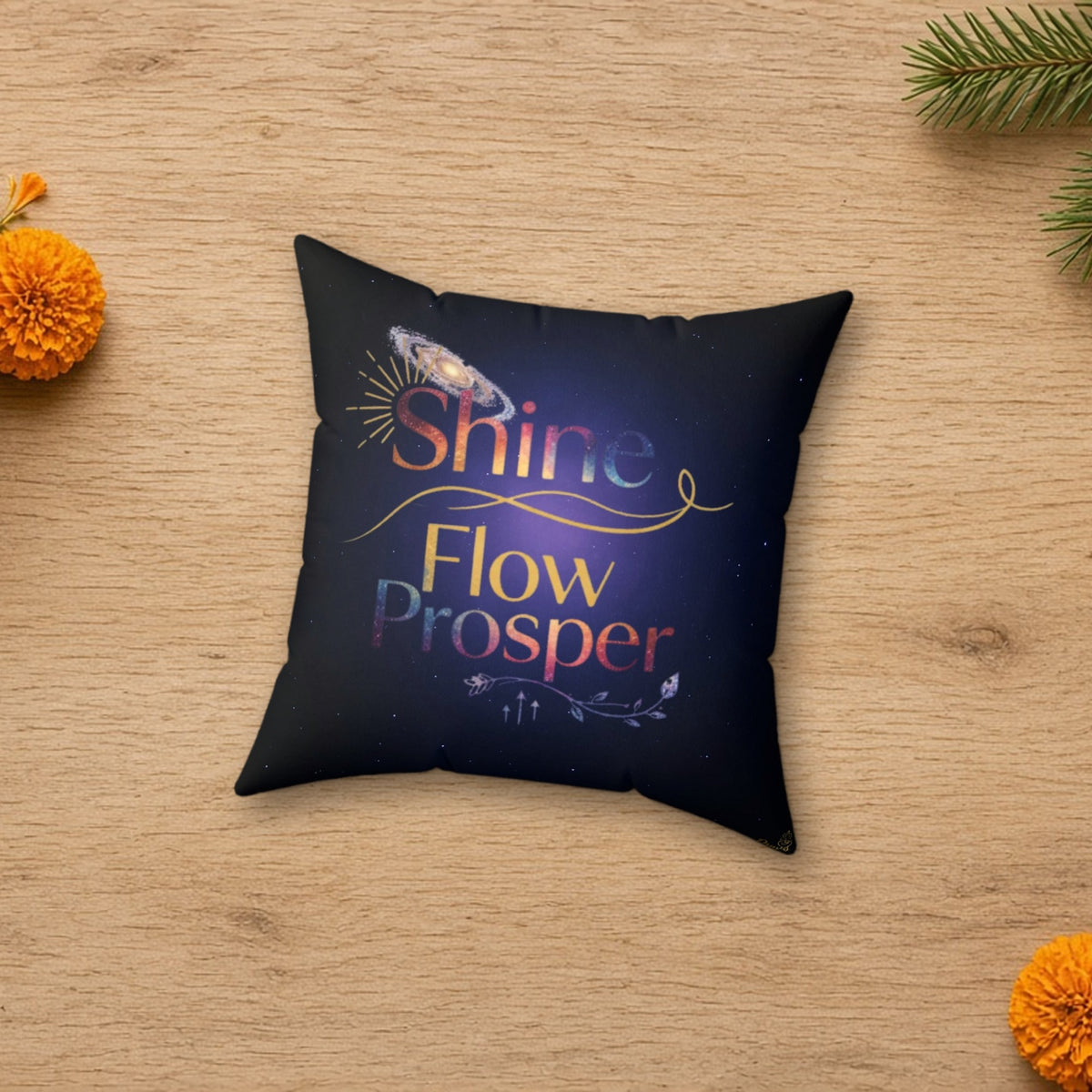 Shine Flow Prosper cosmic galaxy cushion laid flat in a styled lifestyle setting