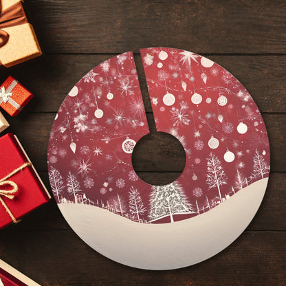 Red Christmas Village Christmas tree skirt laid flat with wrapped presents