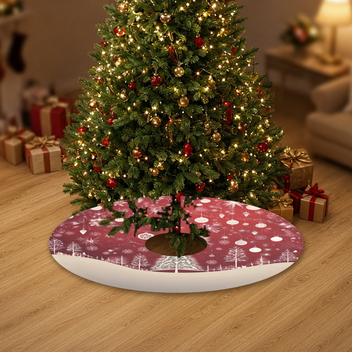 Red Christmas Village Christmas tree skirt under a decorated Christmas tree with wrapped gifts