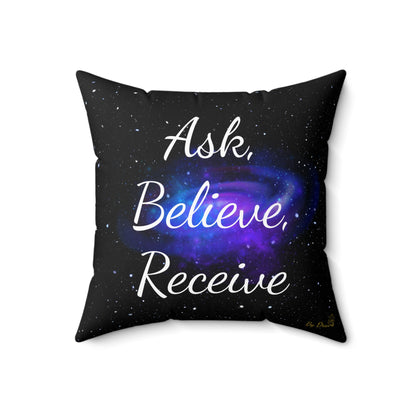 "Ask, Believe, Receive" Galaxy Affirmation Cushion – Law of Attraction Decor by Druvs