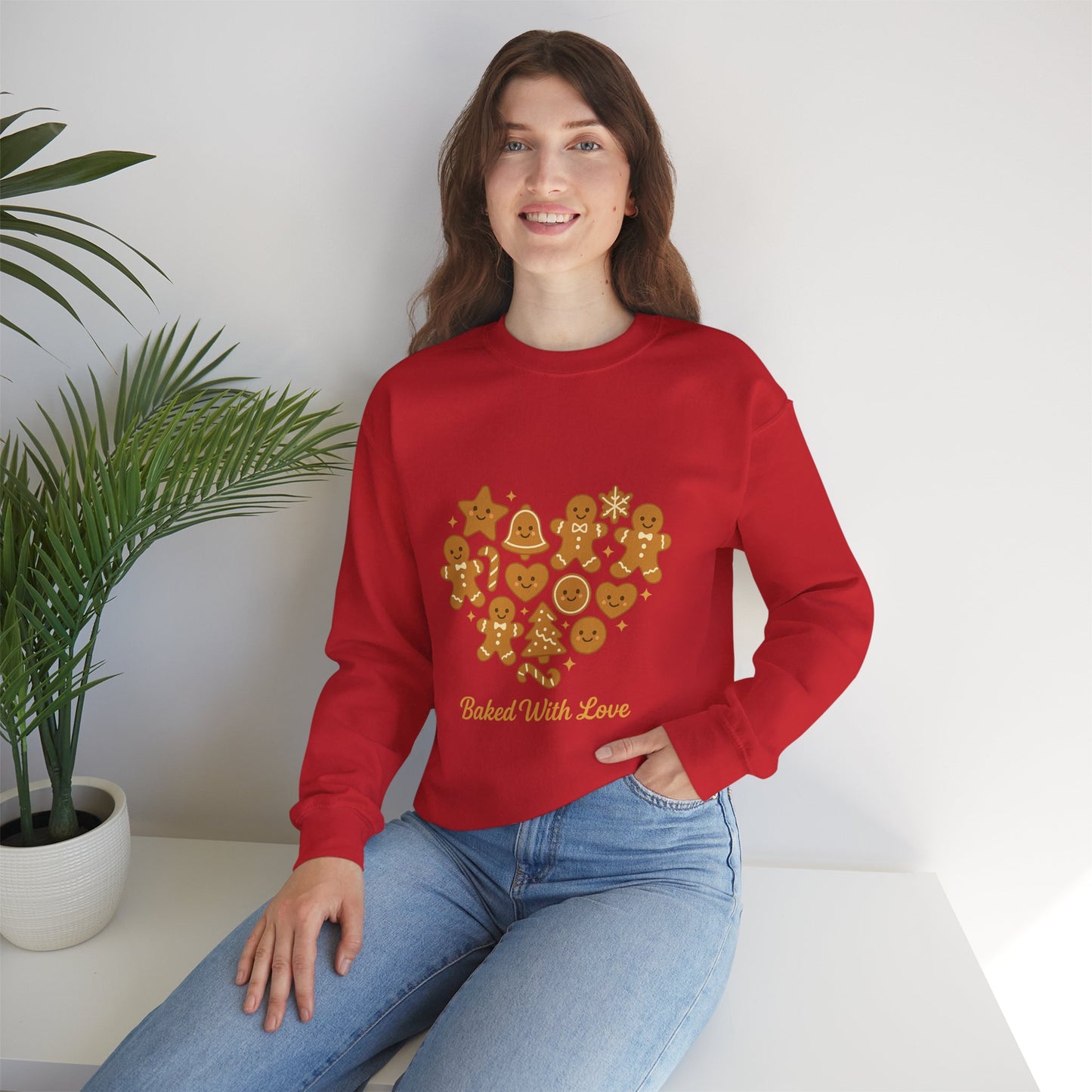 “Baked With Love” Gingerbread Cookie Sweatshirt – Holiday Unisex Cozy Pullover
