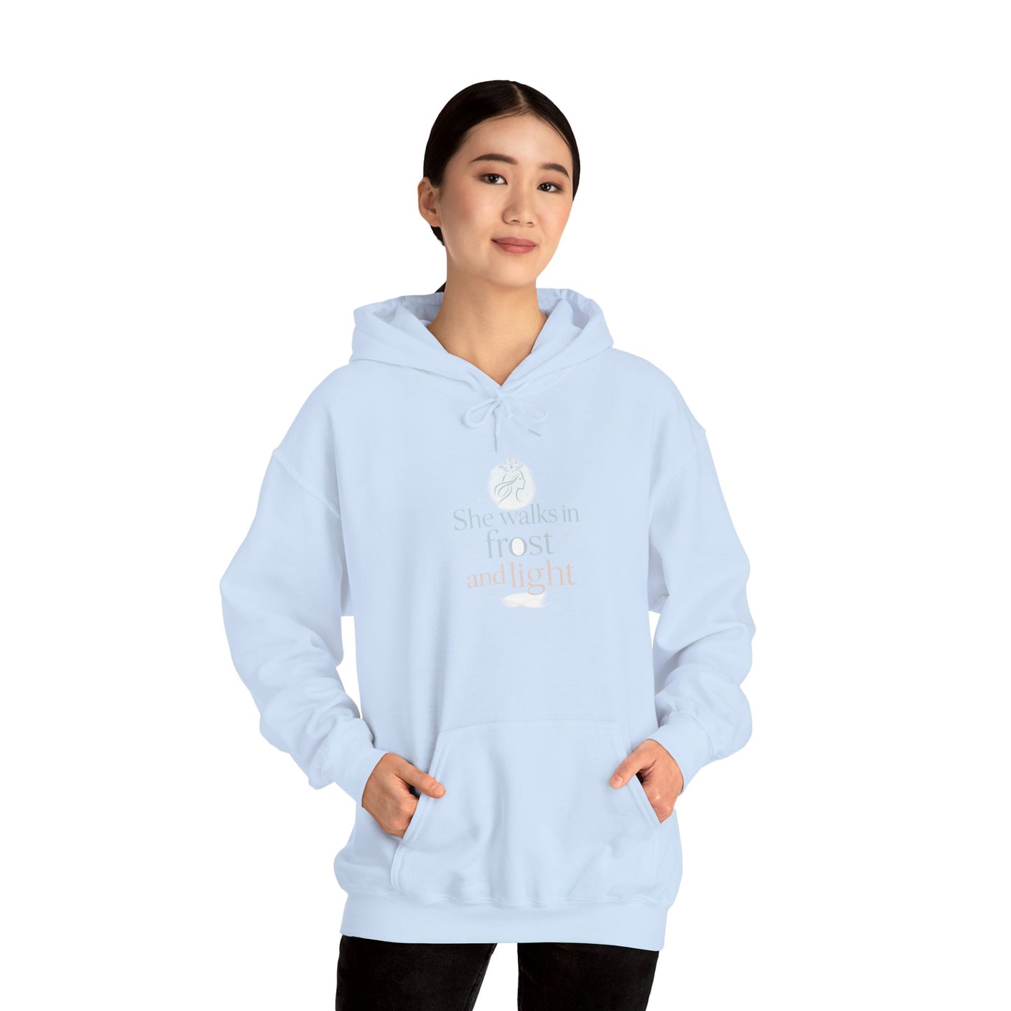 She Walks in Frost and Light – Winter Goddess Hoodie