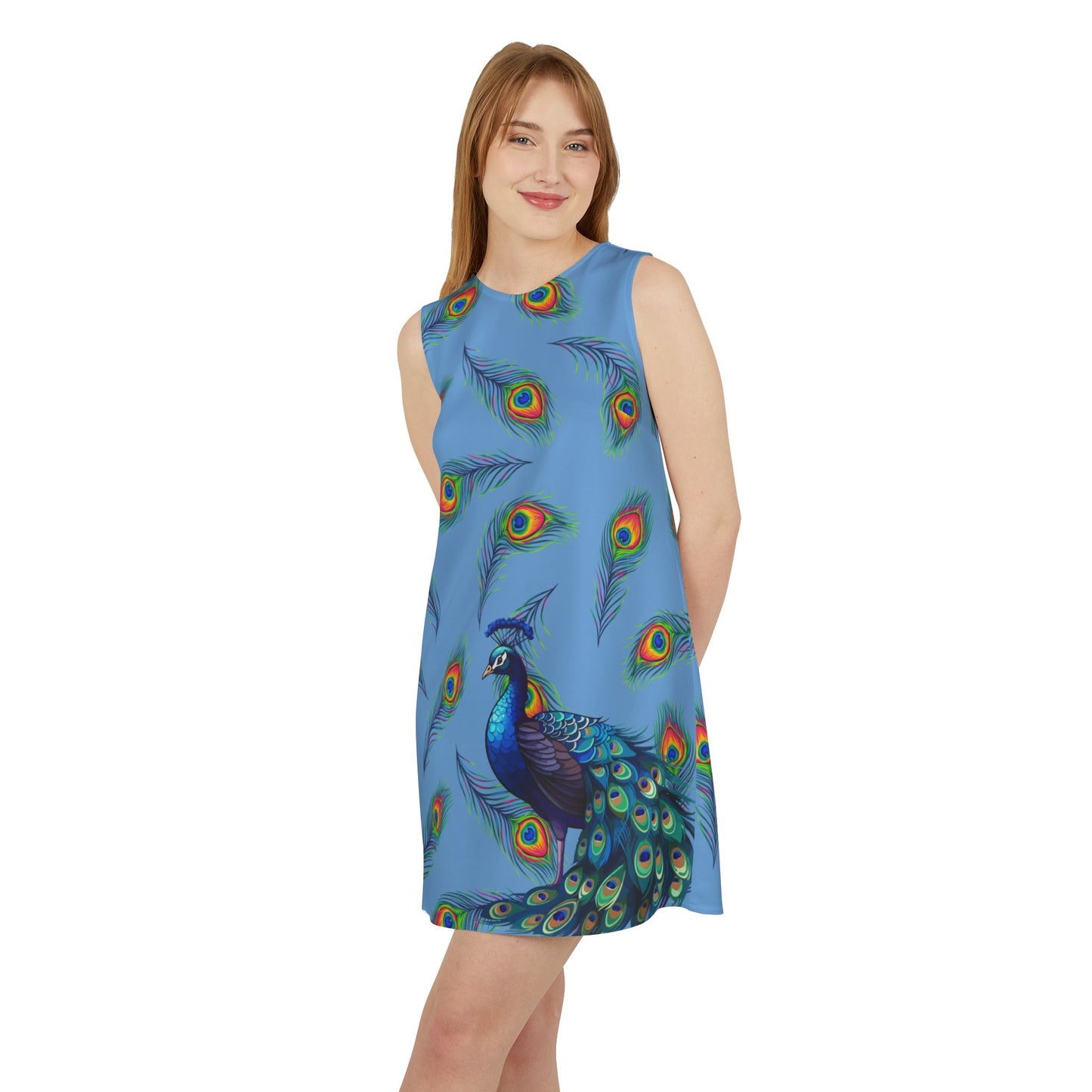 Sleeveless Dress - Blue Peacock Print