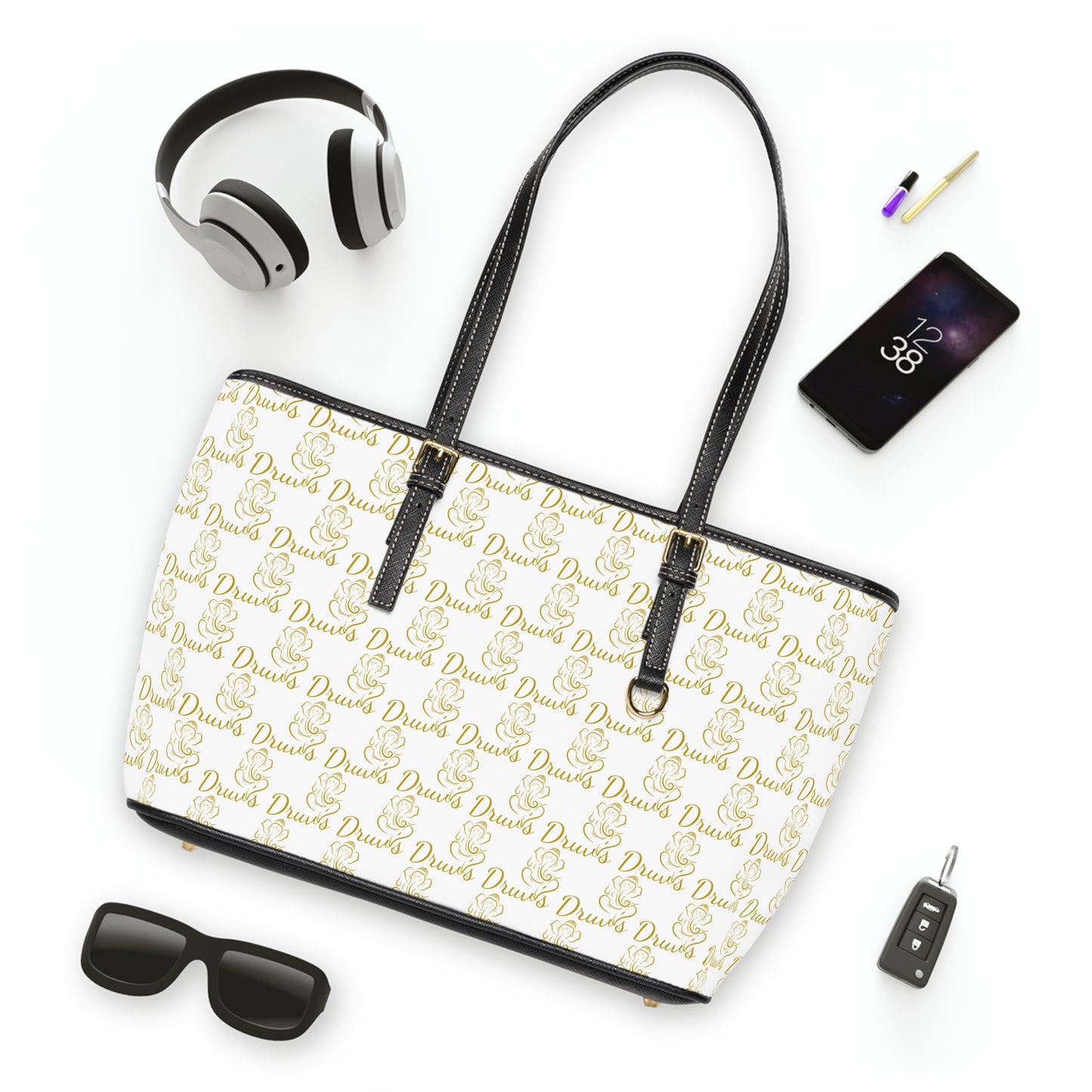 White Druvs Monogram Shoulder Bag – Elegant Leather Tote | 100% PU