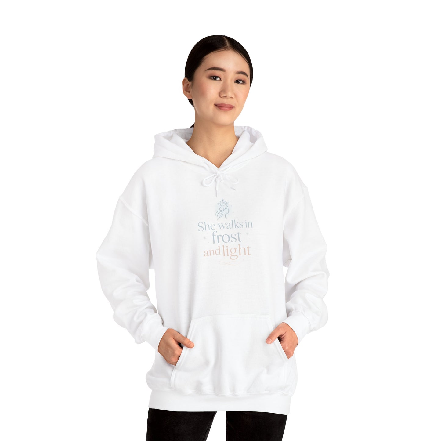 She Walks in Frost and Light – Winter Goddess Hoodie