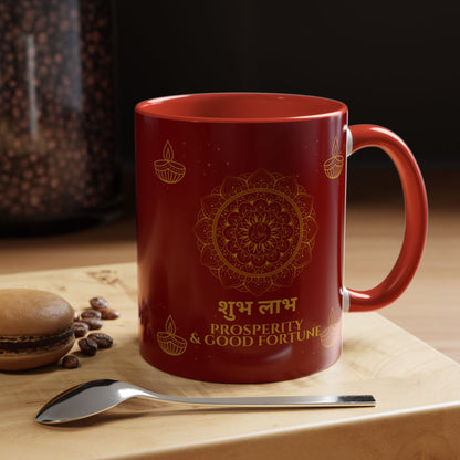 Shubh Labh Mug – Prosperity & Good Fortune Diwali Mug with Mandala & Diyas (Red & Gold)