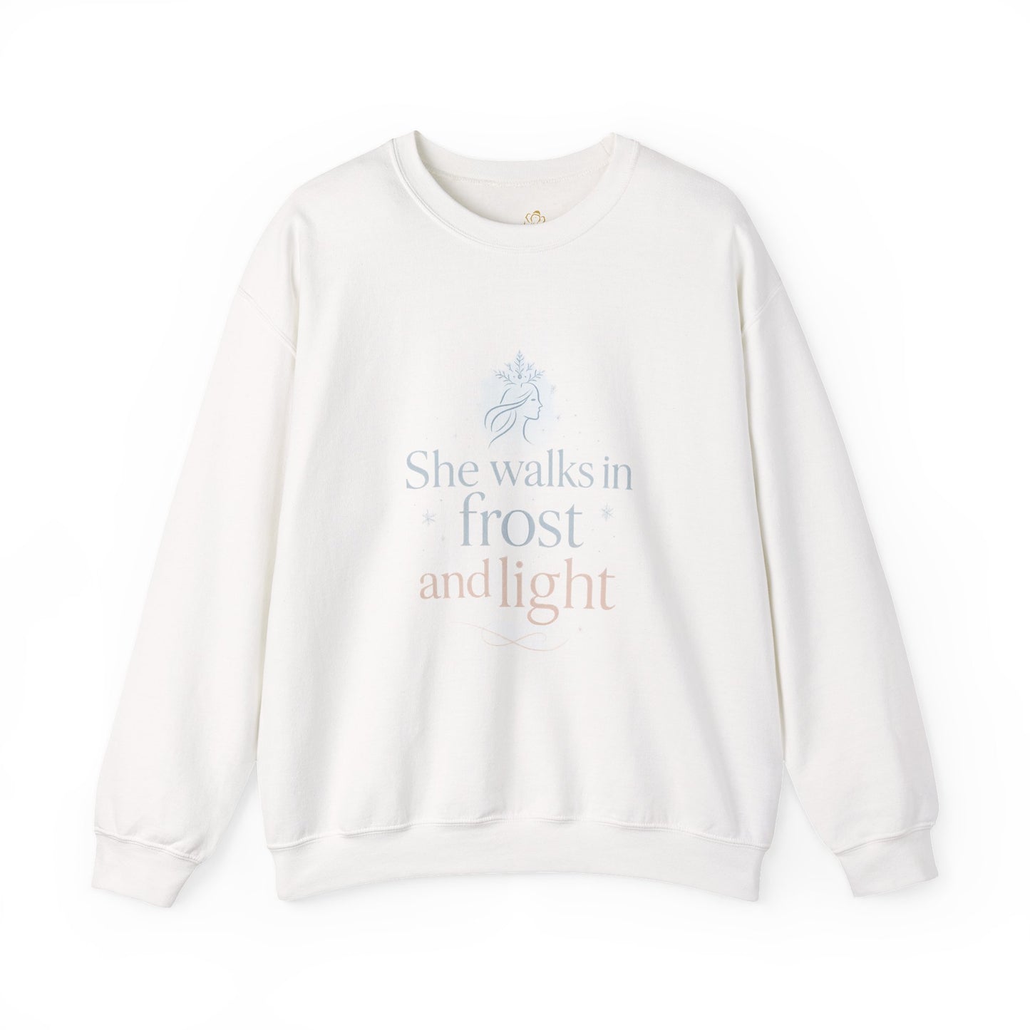 She Walks in Frost and Light – Elegant Winter Goddess Sweatshirt