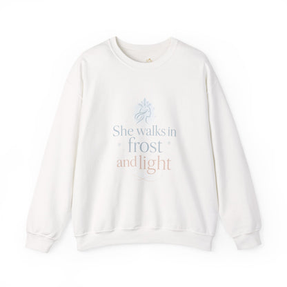 She Walks in Frost and Light – Elegant Winter Goddess Sweatshirt