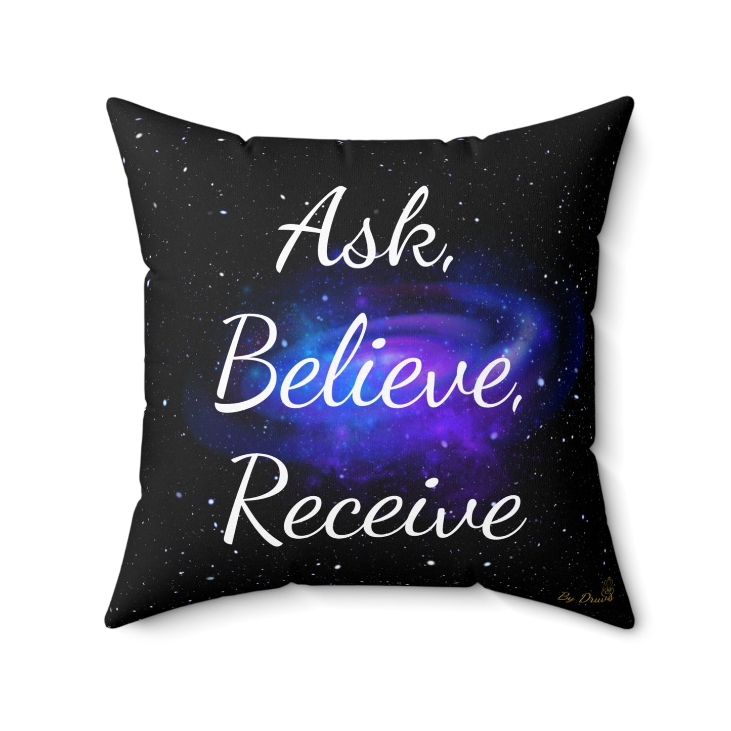 "Ask, Believe, Receive" Galaxy Affirmation Cushion – Law of Attraction Decor by Druvs