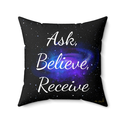 "Ask, Believe, Receive" Galaxy Affirmation Cushion – Law of Attraction Decor by Druvs