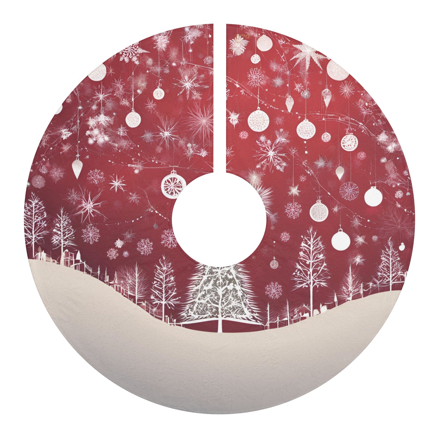Christmas Village Red Tree Skirt – Snowy Forest Scene with Ornaments