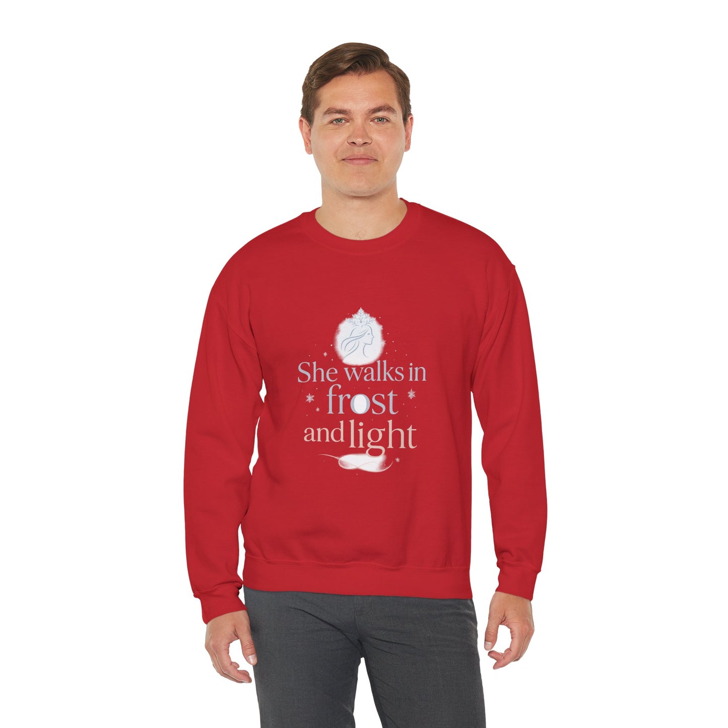 She Walks in Frost and Light – Elegant Winter Goddess Sweatshirt