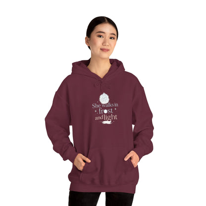 She Walks in Frost and Light – Winter Goddess Hoodie