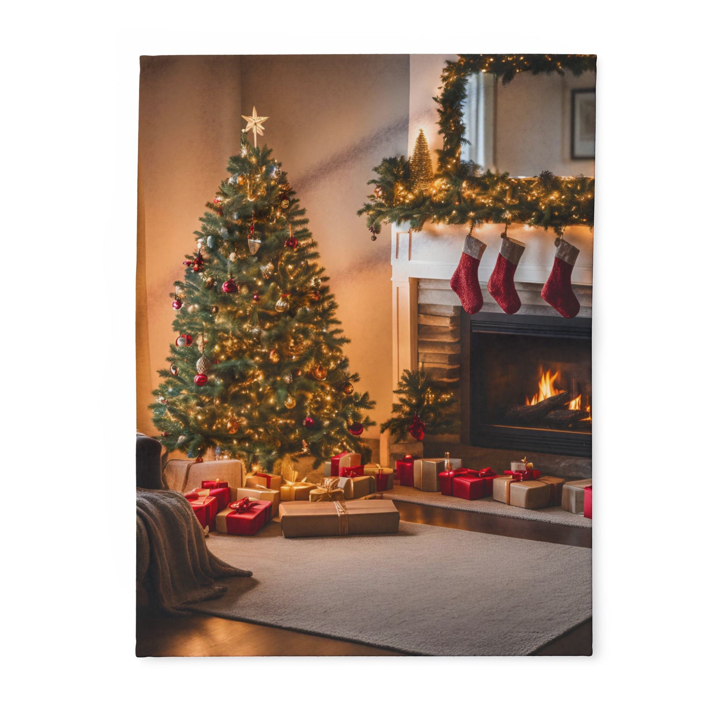 Fleece Blanket - Christmas Tree and Chimney Design, Holiday Decor