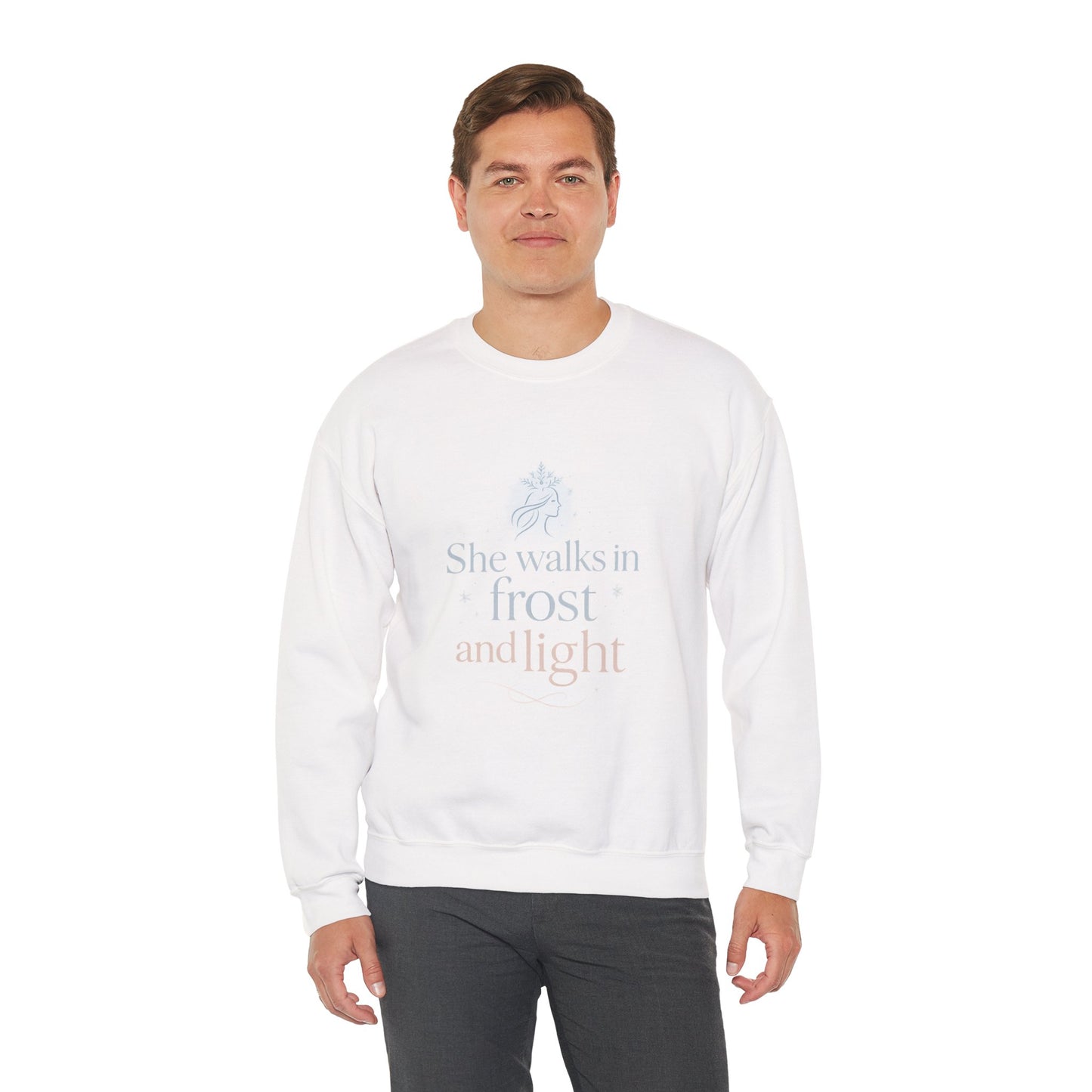 She Walks in Frost and Light – Elegant Winter Goddess Sweatshirt